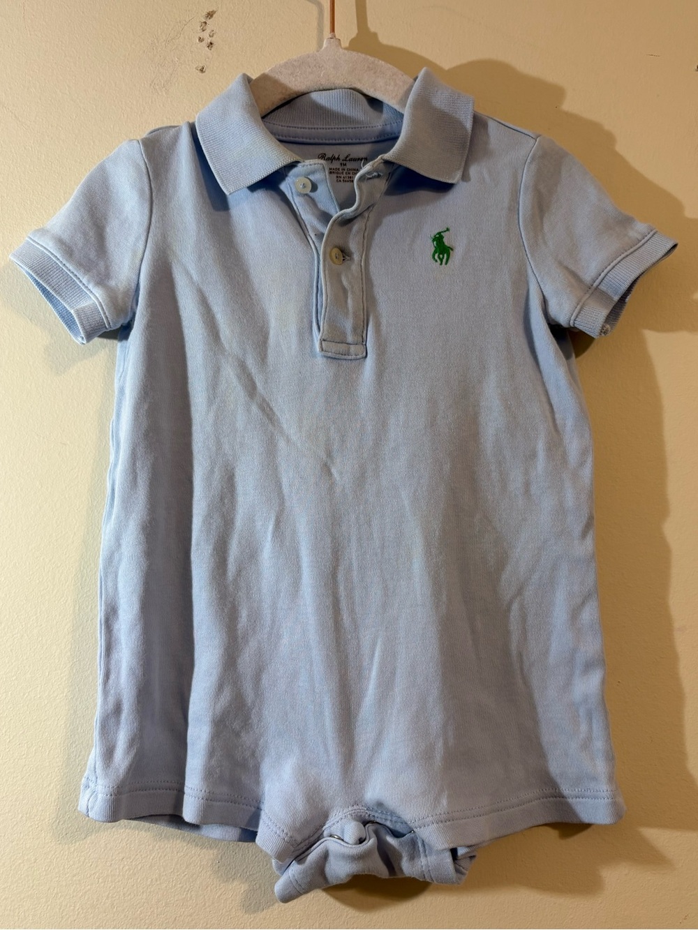 Ralph Lauren shortall boys 9 month Light Blue Polo One piece Green Pony romper